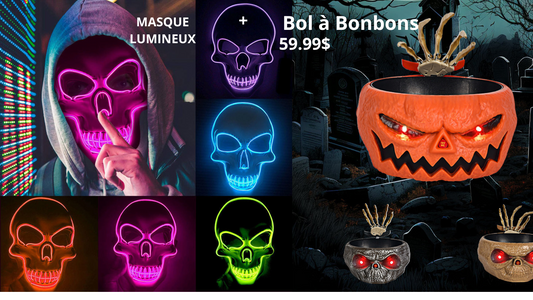 Combo Halloween Édition Limitée – Bol à bonbons + Masque LED Halloween Effrayant!