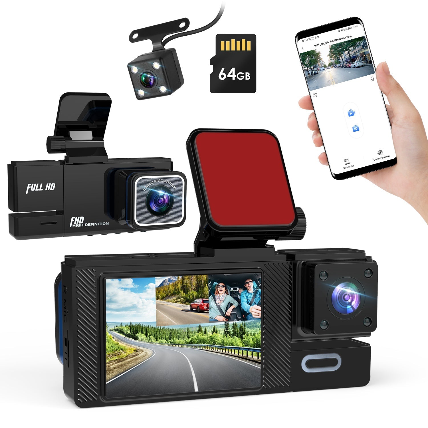 Caméra embarquée voiture Wi - Fi FHD/Dash Cam 3 canaux (Avant, Arrière & Intérieur) avec Enregistrement en boucle - Gadgets - shop