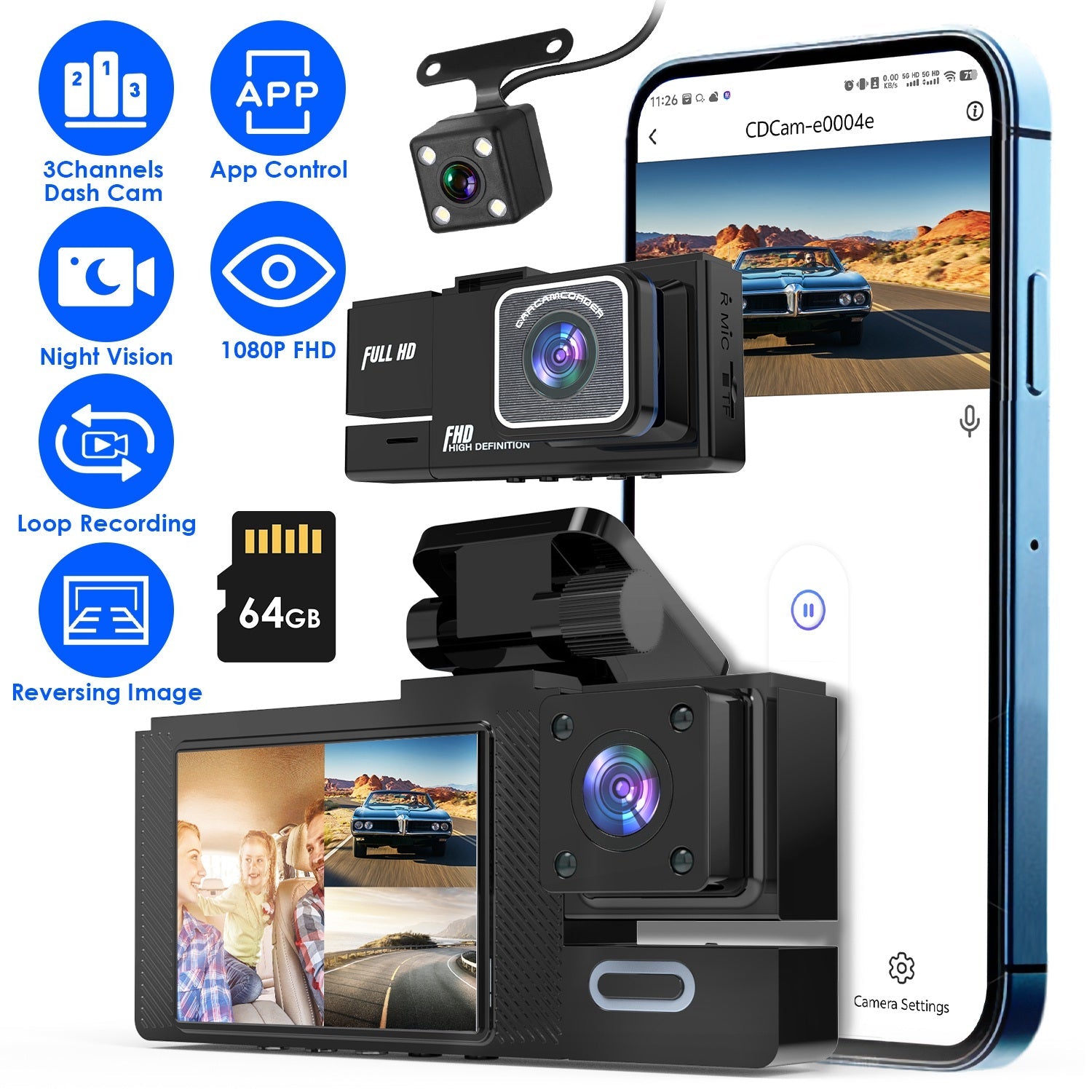 Caméra embarquée voiture Wi - Fi FHD/Dash Cam 3 canaux (Avant, Arrière & Intérieur) avec Enregistrement en boucle - Gadgets - shop