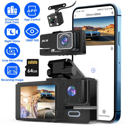 Caméra embarquée voiture Wi - Fi FHD/Dash Cam 3 canaux (Avant, Arrière & Intérieur) avec Enregistrement en boucle - Gadgets - shop