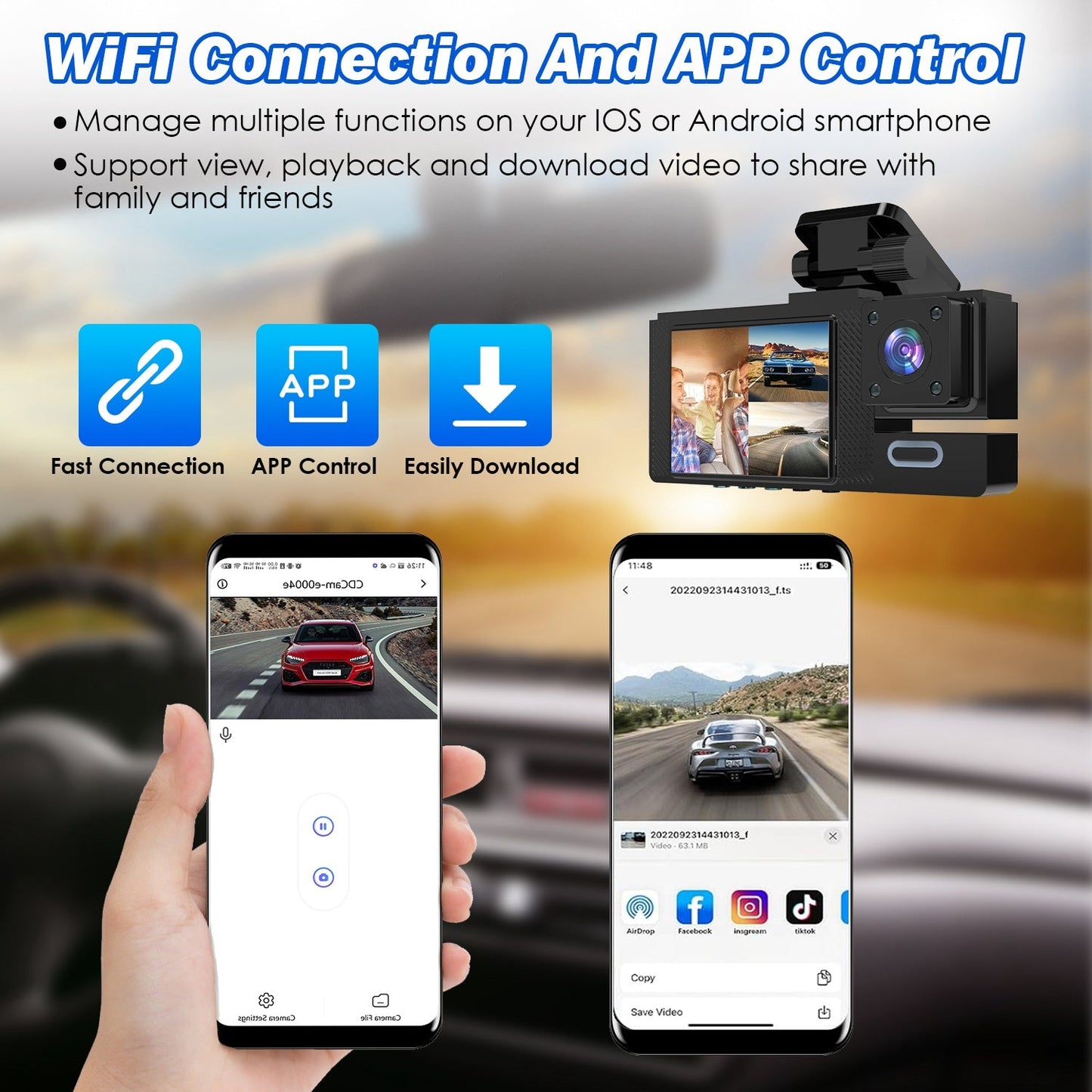 Caméra embarquée voiture Wi - Fi FHD/Dash Cam 3 canaux (Avant, Arrière & Intérieur) avec Enregistrement en boucle - Gadgets - shop