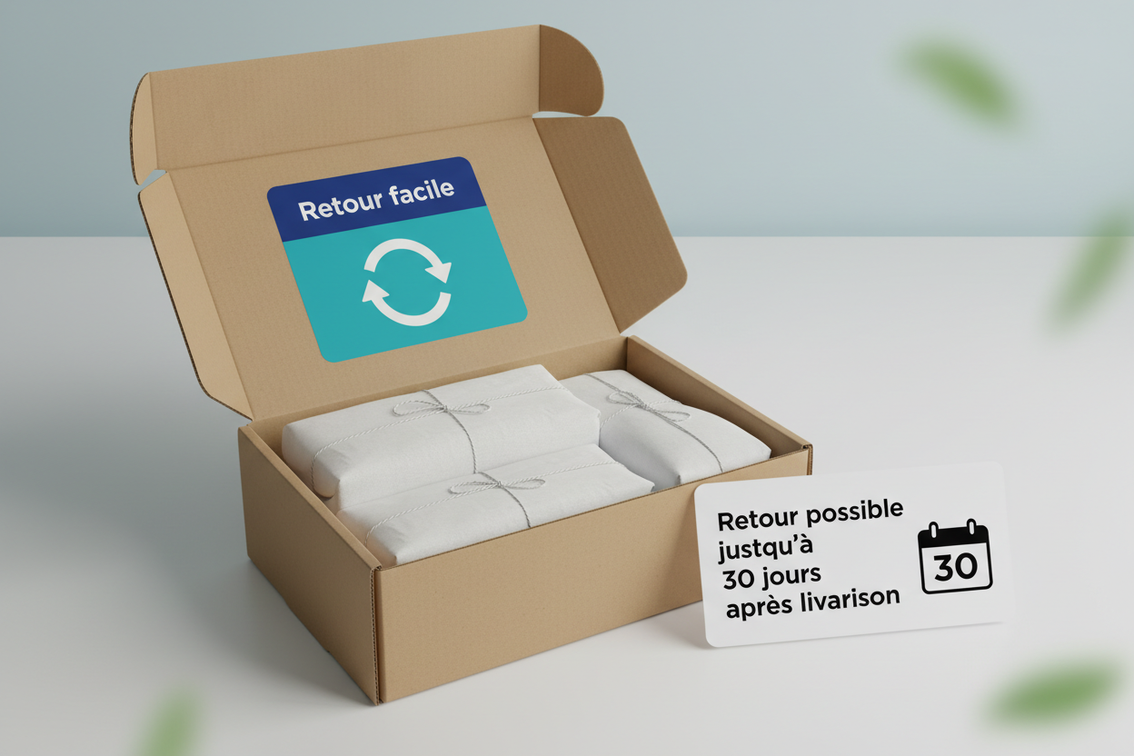 Un colis ouvert avec des articles soigneusement emballés à l’intérieur, avec une étiquette ou un autocollant “Retour facile” bien visible. À côté, un texte clair : “Retour possible jusqu’à 30 jours après livraison”.

Style : Moderne, épuré, lumineux, avec des couleurs rassurantes comme le bleu ou le vert pour inspirer confiance.

Éléments graphiques : Flèche circulaire symbolisant le retour, icône de calendrier pour rappeler la limite de 30 jours, fond neutre ou légèrement flou pour que le texte ressorte.