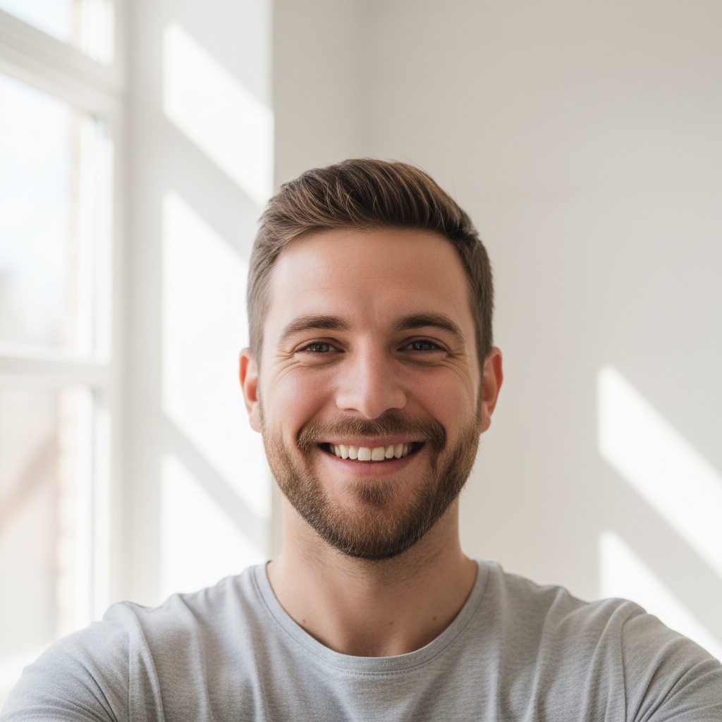 Un homme de  25 ans photo selfie visage souriant et satisfait photo épurée 
