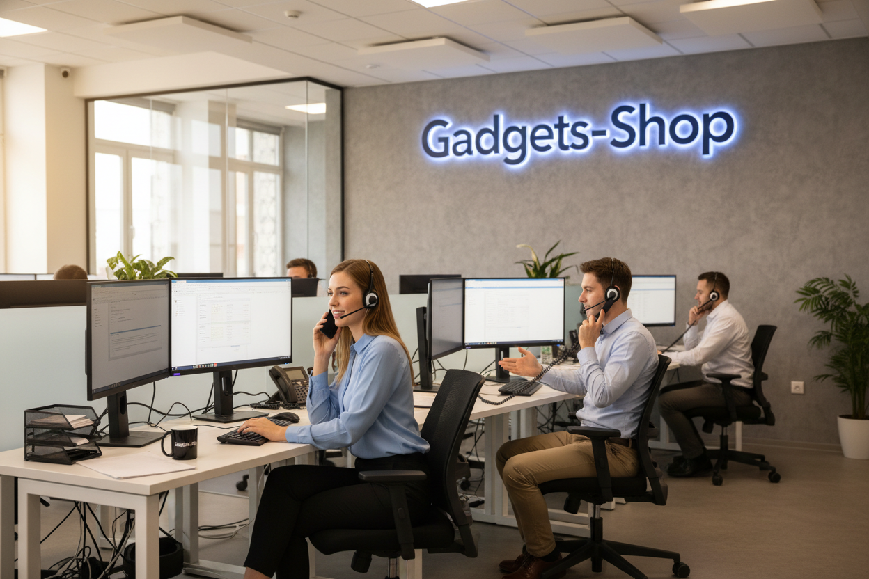 Une femme et un homme dans un centre d'appel devant ordinateur avec texte: Gadgets-Shop. chacun avec un téléphone à l'oreille