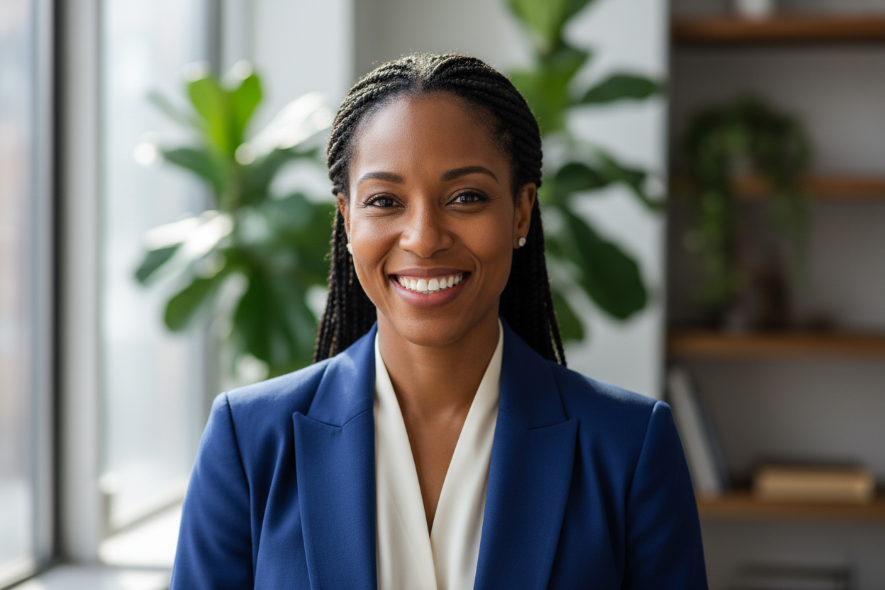 Une femme noire de 40 ans coiffée avec des tresse beau sourire